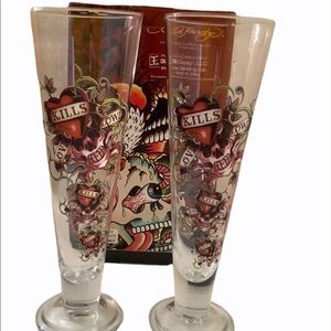 Vintage Ed Hardy set of 2 Pilsner glasses 22 oz each love kills tall glasses